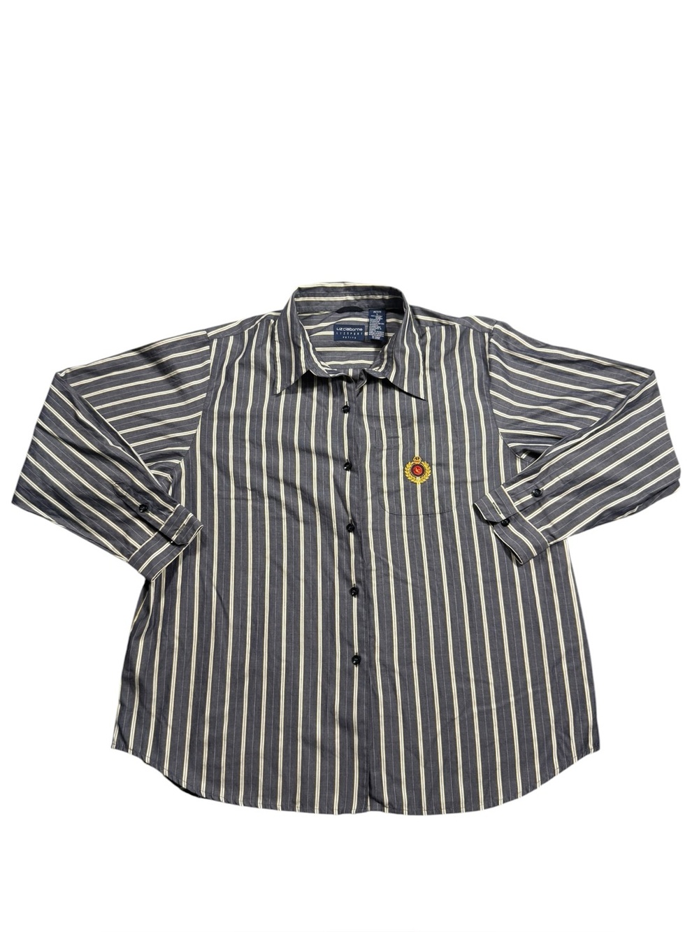 Liz Claiborne Petite Large 100% Cotton Navy & White Striped Button-Down Shirt